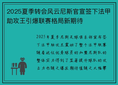 2025夏季转会风云尼斯官宣签下法甲助攻王引爆联赛格局新期待 2025夏季转会风云尼斯官宣签下法甲助攻王引爆联赛格局新期待