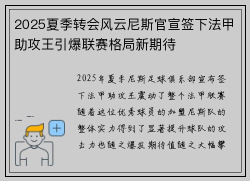 2025夏季转会风云尼斯官宣签下法甲助攻王引爆联赛格局新期待 2025夏季转会风云尼斯官宣签下法甲助攻王引爆联赛格局新期待